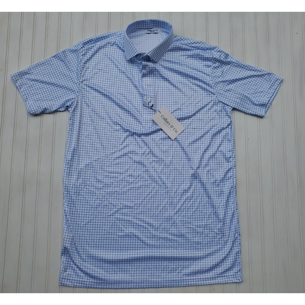 Collars & Co Mens Dress Collar Polo Shirt Blue White Grid Pattern Large Tall NWT